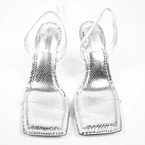 Good American Silver Strappy Open Toe High Heels Square Toe Snake Women Size 10 - Picture 3 of 6